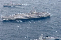 Tàu sân bay USS Ronald Reagan của Mỹ tham gia cuộc tập trận chung với quân đội Hàn Quốc tại khu vực cảng Busan, Hàn Quốc ngày 21/10. (Nguồn: Yonhap/TTXVN)