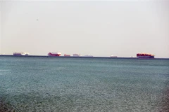 Các tàu chờ để di chuyển qua Kênh đào Suez của Ai Cập ngày 25/3/2021, ba ngày sau sự cố tàu chở hàng Ever Given bị mắc cạn. (Ảnh: THX/TTXVN)