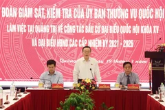 Phó Chủ tịch Quốc hội, Ủy viên Hội đồng bầu cử quốc gia Phùng Quốc Hiển phát biểu tại buổi làm việc. (Ảnh: Nguyên Lý/TTXVN)