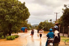 Nước lũ đã rút, người dân huyện Tân Phú bắt đầu trở về dọp dẹp vệ sinh nhà cửa. (Ảnh: Sỹ Tuyên/TTXVN)