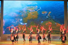 Tiết mục "Nhịp đập ngày mùa" của đoàn nghệ thuật dân tộc tỉnh Lào Cai tại đêm diễn. (Ảnh: Hương Thu/TTXVN)