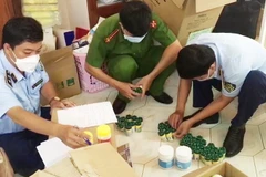 Lực lượng chức năng kiểm đếm số thuốc tạm giữ tại một nhà thuốc. (Ảnh: TTXVN phát)