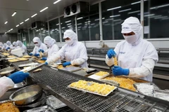 Dây chuyền chế biến sản phẩm tôm xuất khẩu tại nhà máy chế biến thủy sản COFIDEC, Khu công nghiệp Vĩnh Lộc, huyện Bình Chánh, TP Hồ Chí Minh. (Ảnh: Hồng Đạt/TTXVN)