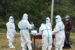 Lực lượng y tế lấy mẫu xét nghiệm cho các cháu học sinh ở xã Thuận Hòa, huyện Vị Xuyên (Hà Giang). (Ảnh: Minh Tâm/TTXVN)