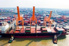 Bốc xếp hàng hóa container. (Ảnh: CTV/Vietnam+)