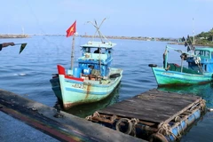 Cán bộ Trạm Biên phòng cửa khẩu cảng Dương Đông, Bộ đội Biên phòng Kiên Giang, thực hiện nhiệm vụ kiểm tra tàu cá ra vào cửa sông Dương Đông, thành phố Phú Quốc. (Ảnh: Lê Huy Hải/TTXVN)