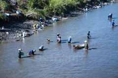 Người dân 'mót' than bị trội từ trên núi xuống sau mưa lũ. (Ảnh: Minh Sơn/Vietnam+)