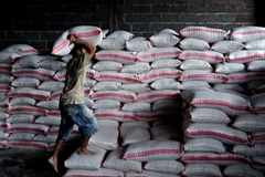 Công nhân vận chuyển các bao ngô tại một khu chợ ở thủ đô Managua, Nicaragua. (Nguồn: AFP/TTXVN)