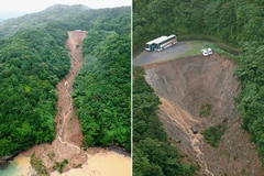 Hai xe buýt suýt rơi xuống vực vì trận lở đất lớn ở Nhật Bản