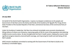 Trong điện chia buồn của Tổ chức Y tế thế giới, Tổng Giám đốc WHO Tedros Adhanom Ghebreyesus khẳng định dưới sự lãnh đạo của Tổng Bí thư Nguyễn Phú Trọng, Việt Nam đã đạt được những thành tựu trong công cuộc phát triển kinh tế-xã hội. (Ảnh: TTXVN phát)