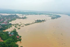 Nước lũ trên sông Hồng đoạn qua Yên Bái tiếp tục lên chậm sau đó đạt đỉnh ở mức 34,00m (trên báo động 3: 2,0m), sau xuống chậm. (Ảnh: Tuấn Anh/TTXVN)