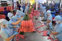 Sản xuất sản phẩm lạp xưởng tại Công ty Vissan. (Ảnh: An Hiếu/TTXVN)