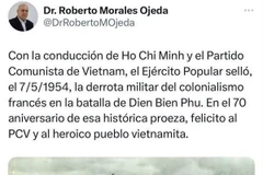 Trong thông điệp đăng tải trên mạng xã hội, ông Morales Ojeda nêu bật vai trò lãnh đạo của Chủ tịch Hồ Chí Minh, Đảng Cộng sản và Quân đội nhân dân Việt Nam trong chiến thắng “lừng lẫy năm châu, chấn động địa cầu” ghi dấu thất bại của thực dân Pháp. (Ảnh: Mai Phương/TTXVN)