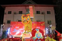 Màn múa lân do các thanh thiếu niên cộng đồng người Việt tại Vientiane biểu diễn. (Ảnh: Phạm Kiên/TTXVN​)