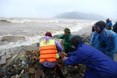 Rọ thép cùng đá to được dùng để khắc phục điểm sạt lở tại kè Cẩm Nhượng (huyện Cẩm Xuyên, Hà Tĩnh). (Ảnh: Minh Quyết/TTXVN)