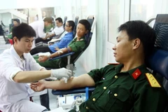 Lực lượng đoàn viên thanh niên tham gia hiến máu tình nguyện. (Ảnh: Hồ Cầu/TTXVN)