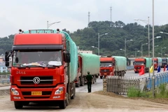 Phương tiện vận chuyển hàng hóa xuất nhập khẩu qua cửa khẩu quốc tế đường bộ số II - Kim Thành tại Lào Cai. (Ảnh: Doãn Tấn/TTXVN)