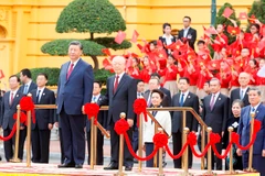 Tổng Bí thư Nguyễn Phú Trọng và Tổng Bí thư, Chủ tịch nước Trung Quốc Tập Cận Bình trên bục danh dự, nghe quân nhạc cử quốc thiều hai nước. (Ảnh: Lâm Khánh/TTXVN)