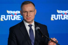 Tổng thống Ba Lan Andrzej Duda phát biểu tại một diễn đàn doanh nghiệp tại Poznan ngày 22/9/2023. (Ảnh: PAP/TTXVN)