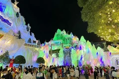 Nhiều người dân kéo về nhà thờ Bình Thái (đường Phạm Thế Hiển, Quận 8) để chụp ảnh cùng đại cảnh hang đá khổng lồ. (Ảnh: Xuân Khu/TTXVN)