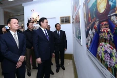 Phó Thủ tướng Vương Đình Huệ (giữa), Tổng Giám đốc Thông tấn xã Việt Nam Nguyễn Đức Lợi (trái) cùng các đại biểu tham quan triển lãm. (Ảnh: Quang Quyết/TTXVN)