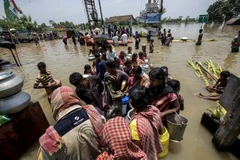 Người dân hứng nước sạch sinh hoạt tại vùng lũ ở Amta, miền đông Ấn Độ ngày 30/7. AFP/TTXVN