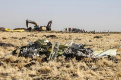Hiện trường vụ rơi máy bay Boeing 737-8 MAX của Hãng hàng không Ethiopian Airlines tại thị trấn Bishoftu ngày 11/3/2019. (Ảnh: AFP/TTXVN)