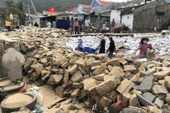 Người dân khẩn trương gia cố tạm kè bờ biển xã Nhơn Hải, thành phố Quy Nhơn, tỉnh Bình Định bị bão số 5 đánh sập gần 100m. (Ảnh: Nguyên Linh/TTXVN)