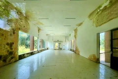 Bên trong Nhà trưng bày địa đạo Vịnh Mốc nhiều bức tường đã bị xuống cấp, ố vàng, phủ đầy rêu, thấm dột, bong tróc. (Ảnh: Nguyên Linh/TTXVN)