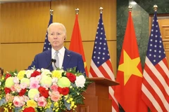Tổng thống Hoa Kỳ Joe Biden phát biểu tại cuộc họp báo chung. (Ảnh: Trí Dũng/TTXVN)