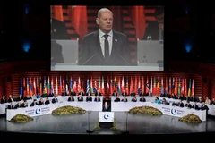 Thủ tướng Đức Olaf Schol phát biểu khai mạc Hội nghị thượng đỉnh Hội đồng châu Âu ở Reykjavik (Iceland) ngày 16/5/2023. (Ảnh: AFP/TTXVN)