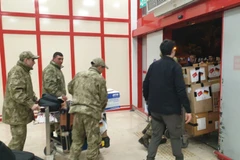 Hàng cứu trợ từ các nước được vận chuyển ra khỏi sân bay Adana. (Ảnh: Trường Dụy/TTXVN)