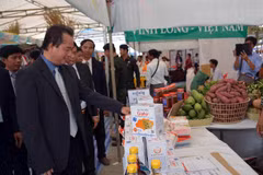 Quốc vụ khanh Bộ Thương mại Campuchia Chhuon Dara ( trái) thăm gian hàng của tỉnh Vĩnh Long trong buổi khai mạc Hội chợ ngày 15/9. (Ảnh: Xuân Khu/Vietnam+)