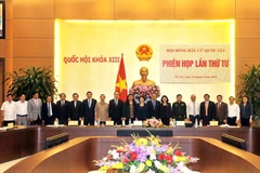 Các thành viên Hội đồng Bầu cử Quốc gia chụp ảnh chung tại phiên họp. (Ảnh: Trọng Đức/TTXVN)