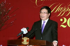 Phó Thủ tướng, Bộ trưởng Bộ Ngoại giao Phạm Bình Minh phát biểu chúc mừng các nhà báo tại buổi gặp mặt. (Ảnh: Nguyễn Dân/TTXVN)