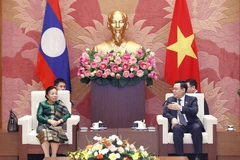 Chủ tịch Quốc hội Vương Đình Huệ tiếp Phó Chủ tịch Quốc hội Lào Sounthone Xayachack. (Ảnh: Doãn Tấn/TTXVN)