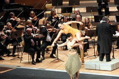 Hai nghệ sĩ Huỳnh Dinh và Vân Anh biểu diễn minh họa cho nhạc phẩm. (Ảnh: Văn Long-Thanh Hải/Vietnam+)