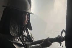 Lực lượng chức năng triển khai phương án dập lửa. (Ảnh: TTXVN phát)