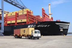 Tàu MSC Giusy có trọng tải hơn 170.000 DWT, mớn nước 16 mét làm hàng tại Cảng quốc tế SP-SSA sáng 11/4/2024. (Ảnh: Huỳnh Sơn/TTXVN)