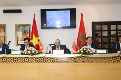 Các diễn giả tại hội thảo 'Chủ tịch Hồ Chí Minh và phong trào giải phóng dân tộc tại châu Phi, quan hệ Việt Nam-Maroc.' (Ảnh: Hồng Minh/TTXVN)