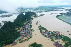 Mực nước sông Hoàng Long dâng cao khiến nhiều ngôi nhà bị ngập nặng tại huyện Gia Viễn. (Ảnh: Minh Đức/TTXVN)