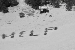 Các ngư dân nhặt lá cọ trên đảo, xếp thành từ “HELP.” (Nguồn: CNN)