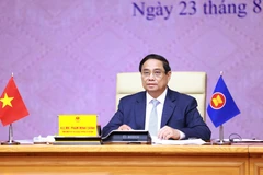 Thủ tướng Phạm Minh Chính phát biểu trực tuyến tại Hội nghị Thượng đỉnh Lãnh đạo nữ ASEAN lần thứ ba. (Ảnh: Dương Giang/TTXVN)