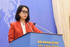 Người Phát ngôn Bộ Ngoại giao Phạm Thu Hằng lời câu hỏi của phóng viên. (Ảnh: TTXVN phát)