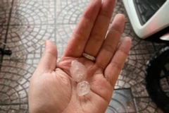 Những hạt đá rơi xuống nhiều khu vực tại Thành phố Hồ Chí Minh. (Ảnh: TTXVN phát)