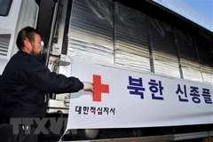 Một chuyến xe chở thuốc điều trị cúm Tamiflu do Hàn Quốc viện trợ cho Triều Tiên, tại thành phố biên giới Paju. (Ảnh: AFP/TTXVN)