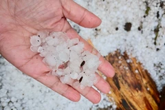 Lượng mưa đá dày hạt, kích thước các viên đá đường kính trung bình từ 1,5-2cm. (Ảnh: TTXVN phát)