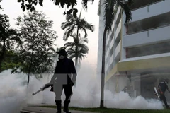 Nhân viên y tế phun thuốc diệt muỗi truyền virus Zika tại khu vực Aljunied, Singapore ngày 28/8. (Nguồn: AFP/TTXVN)
