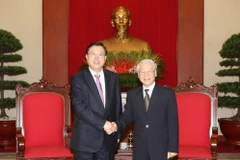 Tổng Bí thư Nguyễn Phú Trọng tiếp ông Trương Đức Giang, Ủy viên Thường vụ Bộ Chính trị, Ủy viên trưởng Ủy ban Thường vụ Đại hội Đại biểu Nhân dân Toàn quốc Trung Quốc. (Ảnh: Trí Dũng/TTXVN)