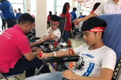 Các bạn trẻ tham gia hiến máu tại Chương trình Chủ Nhật Đỏ. (Ảnh: PV/Vietnam+)